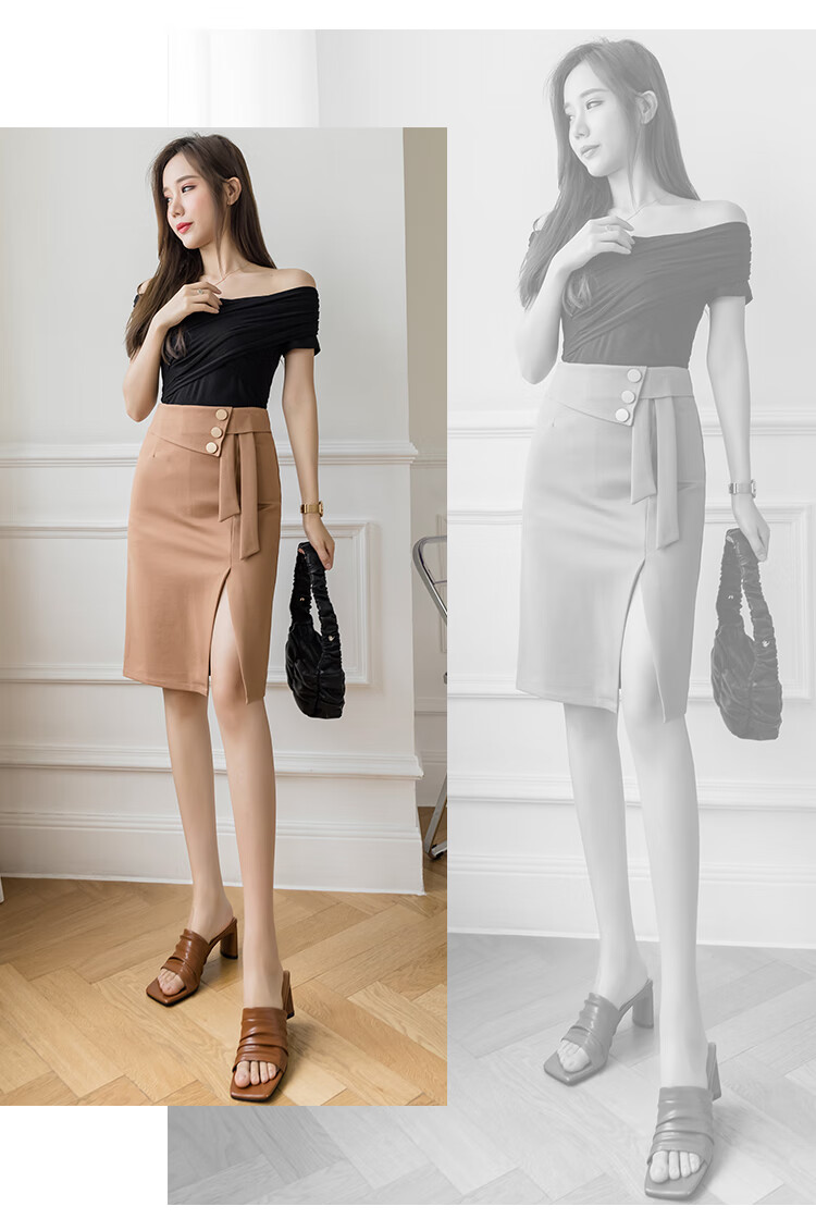 高档女装高腰半身裙女春款2022新款设计感小众开叉修身一步裙职业包臀