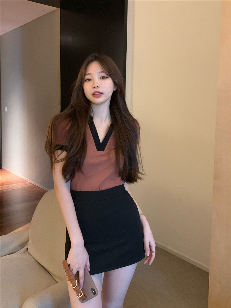 新款洋气上档次休闲女士修身夏装短袖女2022小众上纯欲档次咖啡色2xl