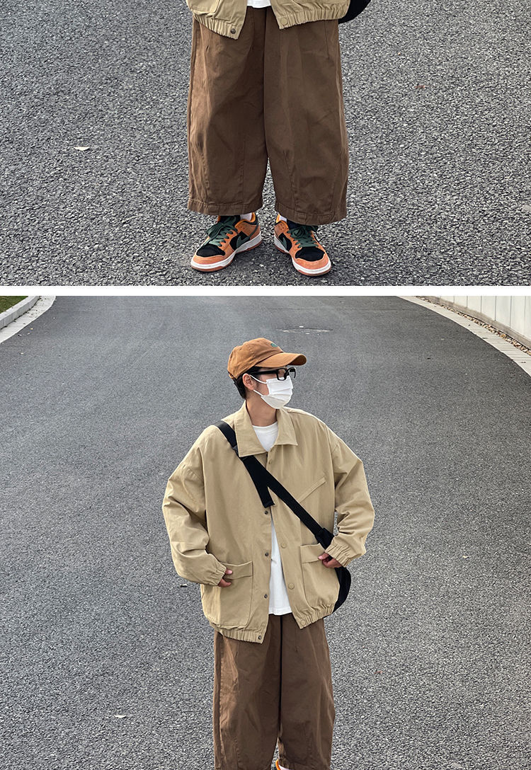 劲场春季日系复古翻领工装夹克外套男士原宿风宽松休闲外套纯色上衣男