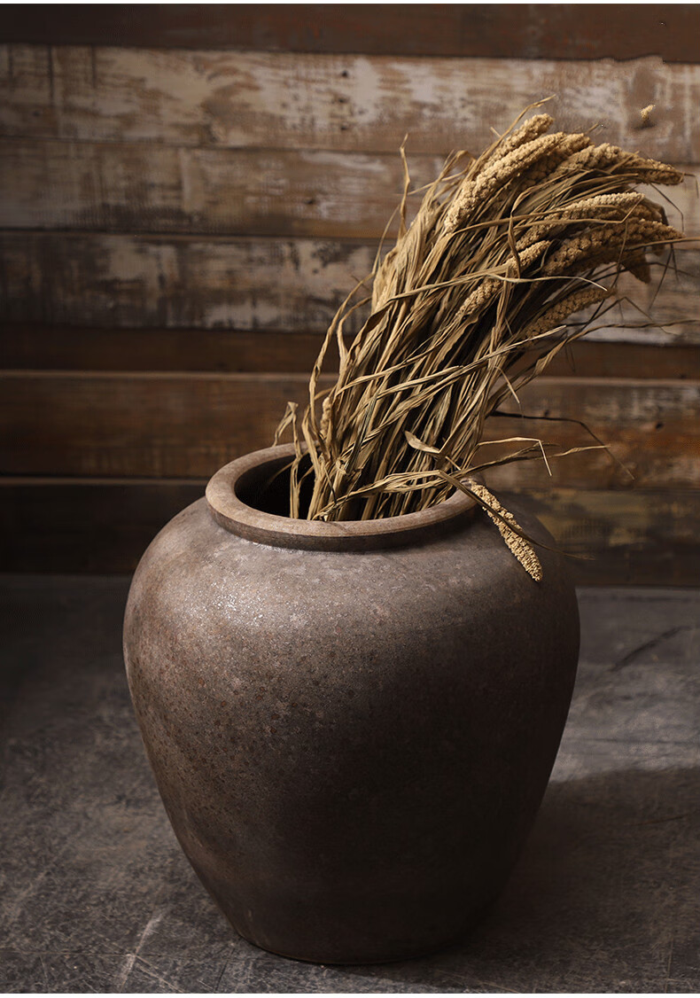 陶瓷大号复古客厅插花摆件现代简约手工落地陶罐大棕古斑大落地小圆坛