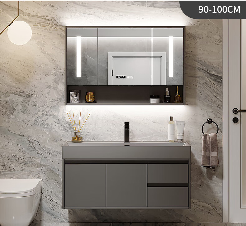 恒洁卫浴轻奢一体浴室柜组合现代简约卫生间洗手洗脸池面盆洗漱台镜柜