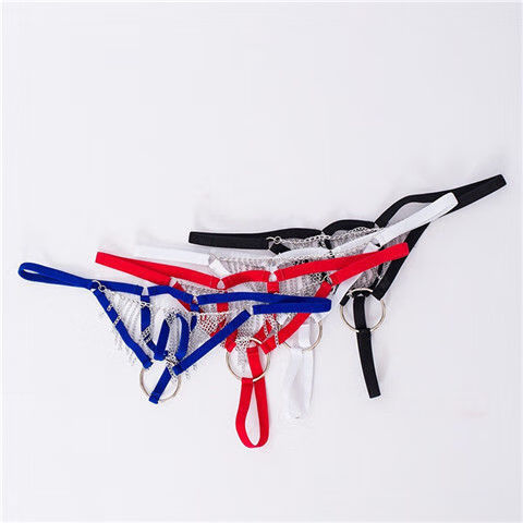男士丁字裤一根带子性感透明囊袋枪弹分离铁环流苏蕾丝生理内裤男红色