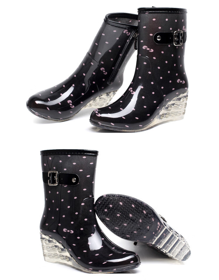 下雨穿的时尚潮牌雨鞋坡跟水鞋女式雨靴女加棉时尚搭扣侧拉链高跟透明