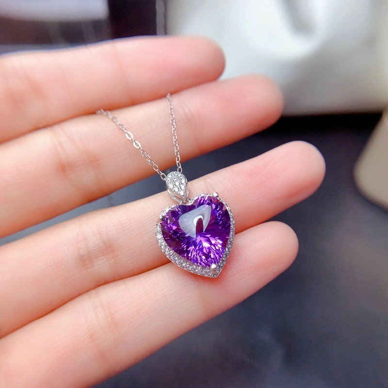 天然紫水晶爱心形吊坠女s925银项链千禧切工心形紫晶宝石锁骨链送老婆