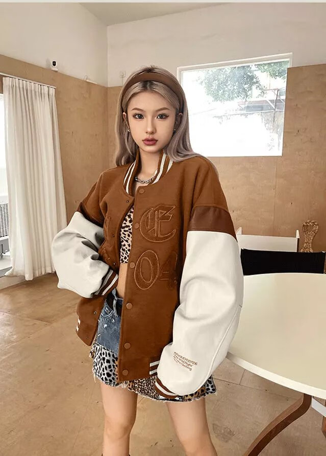 tvgocy 2022春秋美式复古棒球服棕色宽松休闲学生刺绣字母夹克外套女