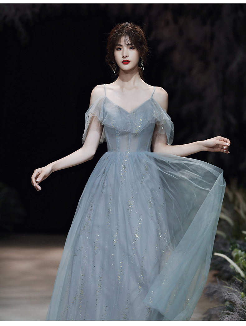 主持人吊带模特走秀森系成年礼仙气伴娘服气质年会晚礼服吊带中袖s