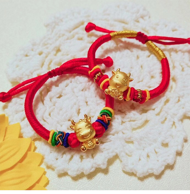 晚仪珠宝宝宝满月金饰礼物黄金转运珠生肖牛本命年红绳手链女婴儿手绳