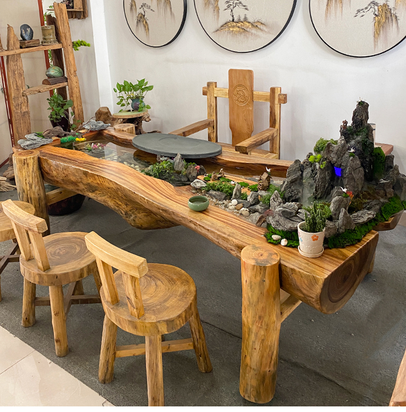 资瑞轻奢品牌香樟木循环流水茶台新中式禅意景观一体茶桌异形根雕曲水