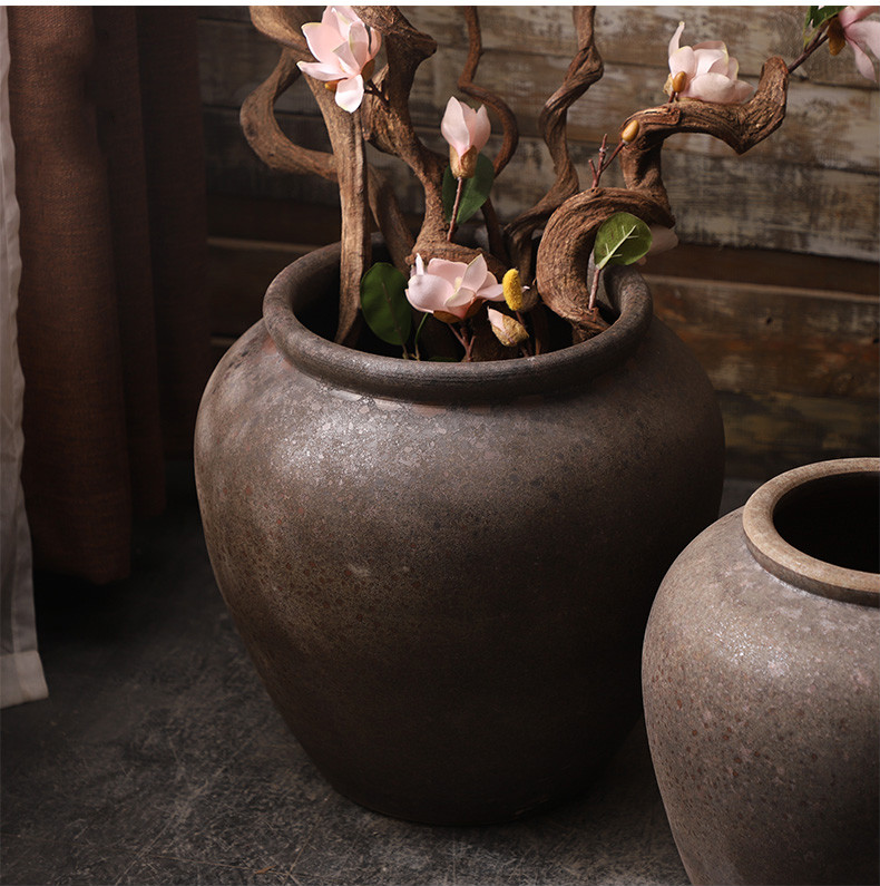 陶瓷大号复古客厅插花摆件现代简约手工落地陶罐大棕古斑大落地小圆坛