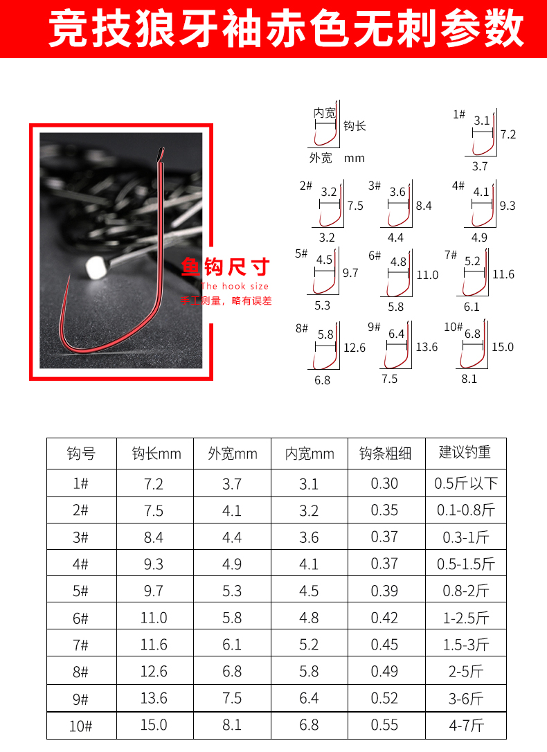 竞技狼牙袖钩极细条黑坑钓鲫鱼无倒刺长柄日本进口钓竞技狼牙袖钩30枚