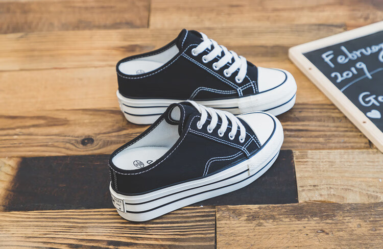 回力2022夏季新款无后跟帆布鞋女半拖内增高懒人鞋厚底百搭小白鞋半