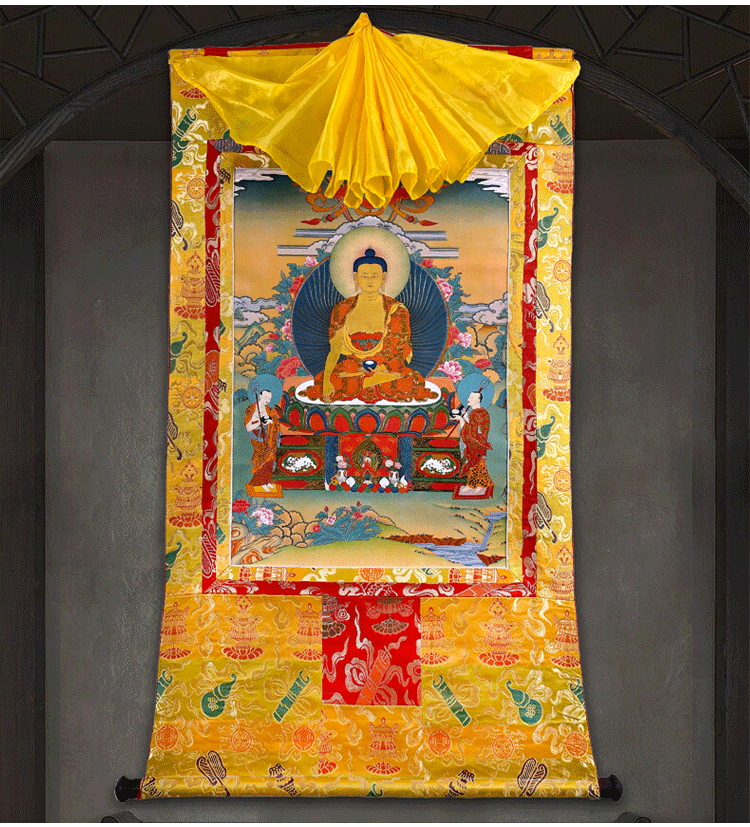 西藏手工双层装裱烫金镀金画心释迦牟尼唐卡佛像长120cm大号