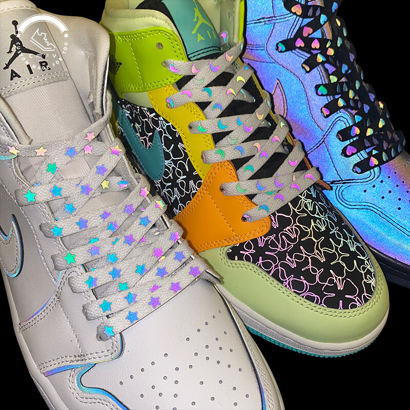 自制适配aj1af1二次元黑白3m全息反光炫彩镭射变色龙扁形鞋带 黑色