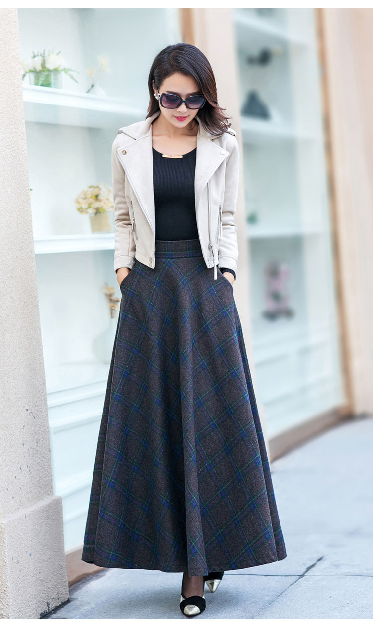 f秋冬毛呢长裙2020新款格子半身裙女长款a字裙高腰伞裙显廋大摆裙乐迪