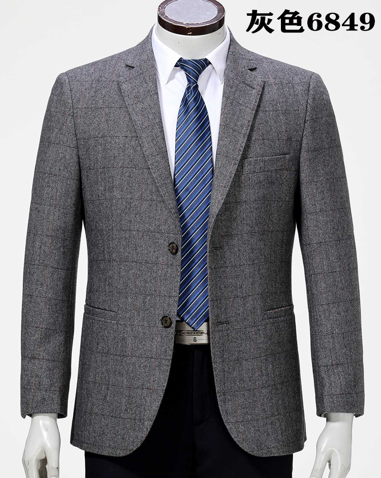 花花公子高档休闲西服男中年大码春秋季羊毛料西装上衣单件外套爸爸装
