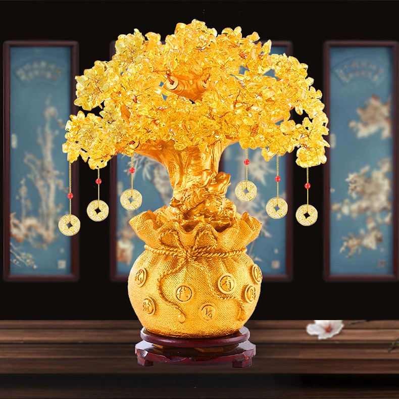 木丁丁发财树摆件桌面小号黄水晶带底座铜钱串摇钱树摆件装饰品办公室