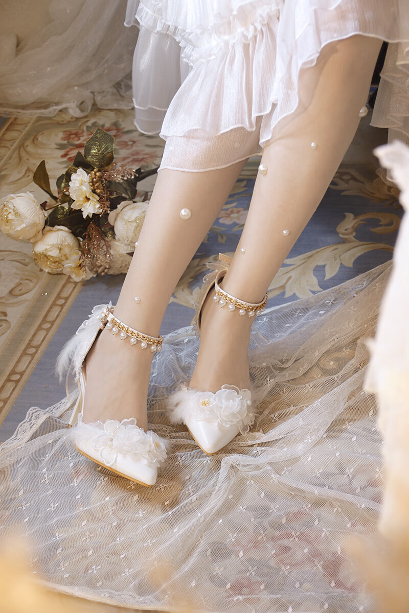 洛丽塔高跟鞋细跟鞋凉鞋尖头花嫁鞋2022新款搭配裙子白色95cm34