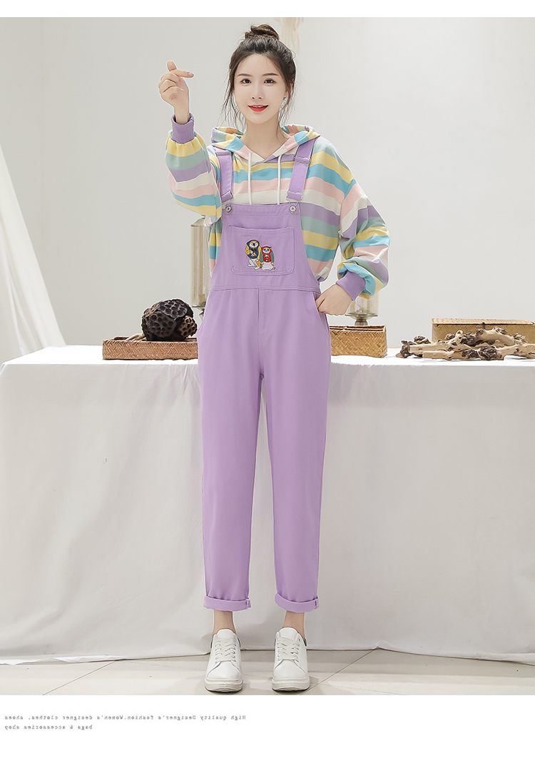 减龄糖果色少女牛仔背带裤女学生学院风小清新小个子连体裤紫色单裤s