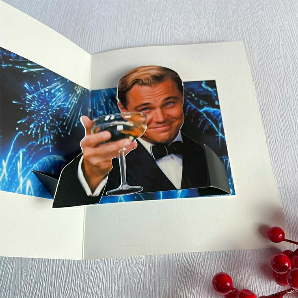 高楷泰 天南兄弟 3d立体贺卡小李子敬酒表情包祝福卡片黑猫明信片