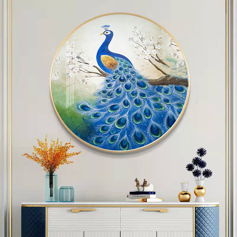 精选圆形孔雀高档晶瓷镶钻挂画入户玄关餐厅墙画沙发背景圆壁画北极象