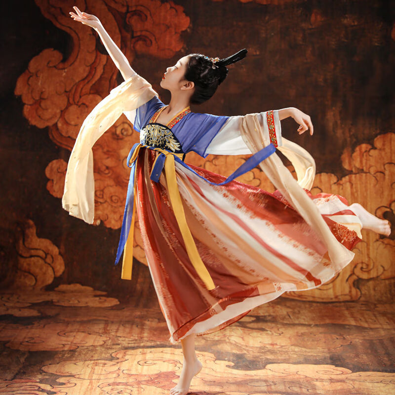 旗袍女新款汉服春季超仙古装连衣裙大唐风采高端敦煌古筝演出服黛蓝绯