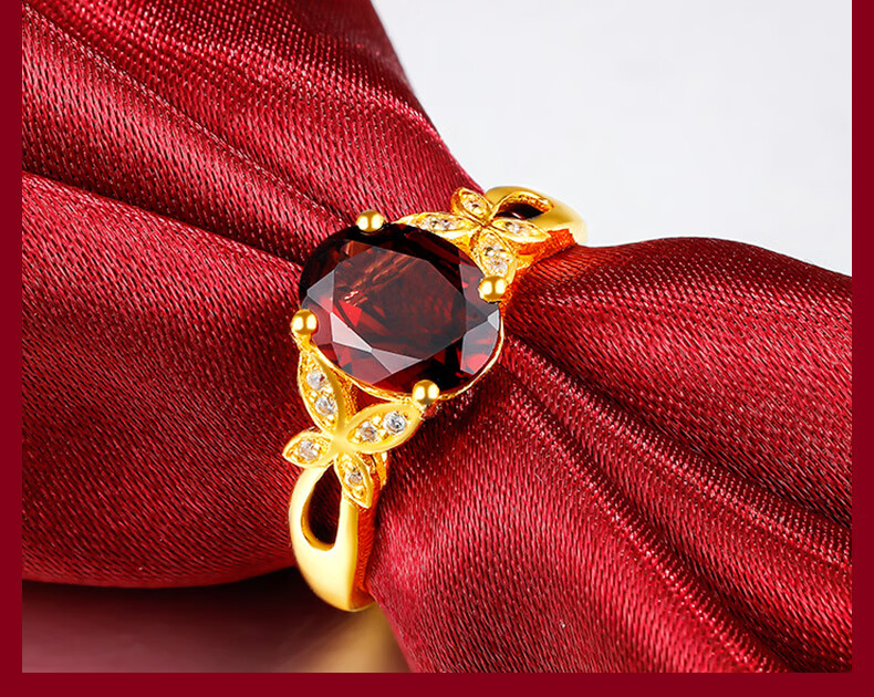 黎丝莱顿女士黄金戒指女999足金红色宝石镶石榴石金k送礼偏爱