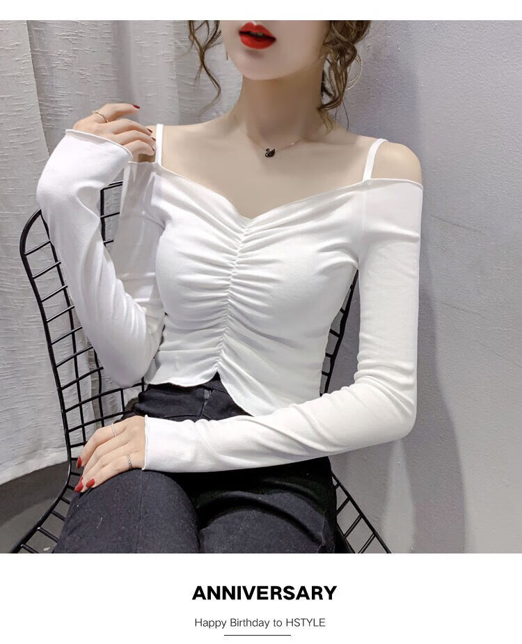 冰芷水漏锁骨吊带一字领短款性感上衣女收腰显瘦恤白色打底衫内搭秋季