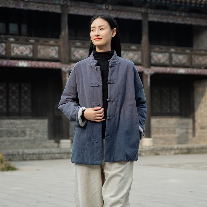 22冬新款棉麻女装复古中式纯色立领盘扣棉衣棉麻女加厚保暖棉服 禅灰
