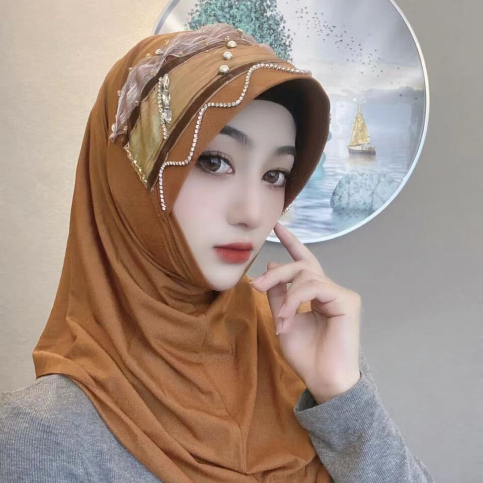 芭雅莲回族女人的套头纱巾纱巾新款高端拼色复古硬帽檐套头纱巾回族