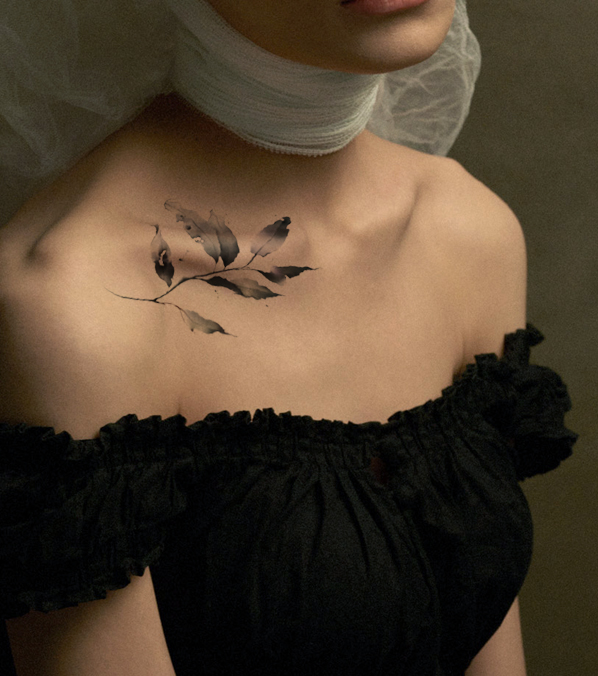 纹身贴树叶纹身贴水墨中国风男女防水单色叶子个性肩膀洗不掉的贴纸