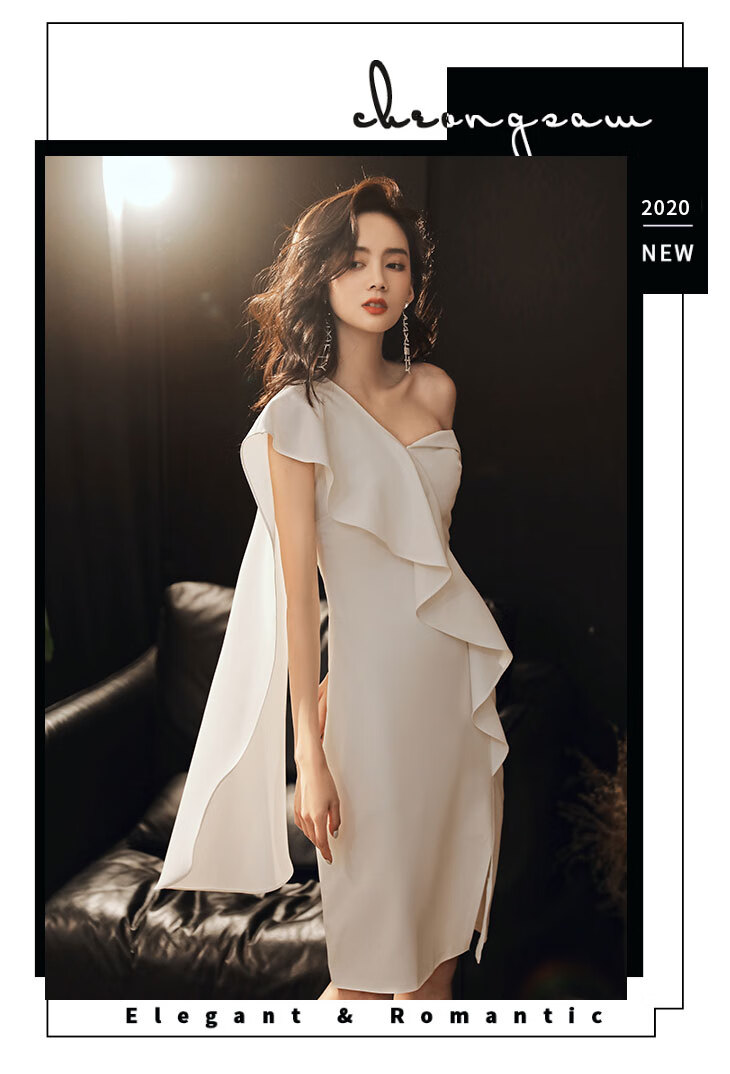 yundongma洋装白色小晚礼服裙女夏法式气质短款单肩平时可穿宴会主持