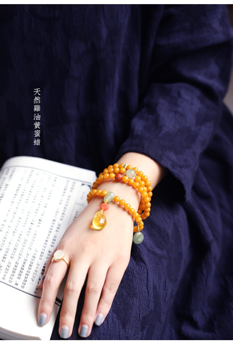 泰聚福轻奢高端天然鸡油黄蜜蜡108佛珠手串7原创搭配和田玉平安扣蜜蜡
