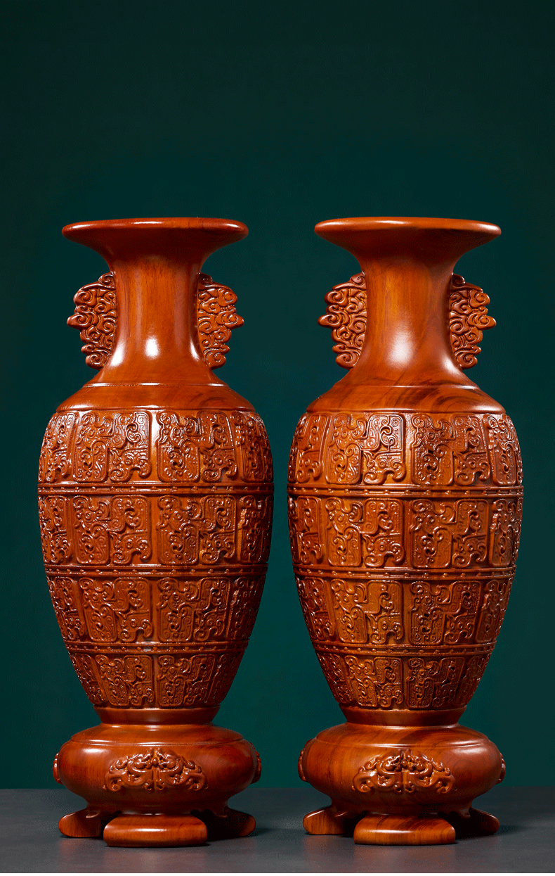 唐砖花梨木雕汉式花瓶摆件实木底座可插花礼工艺品红木家居客厅装饰