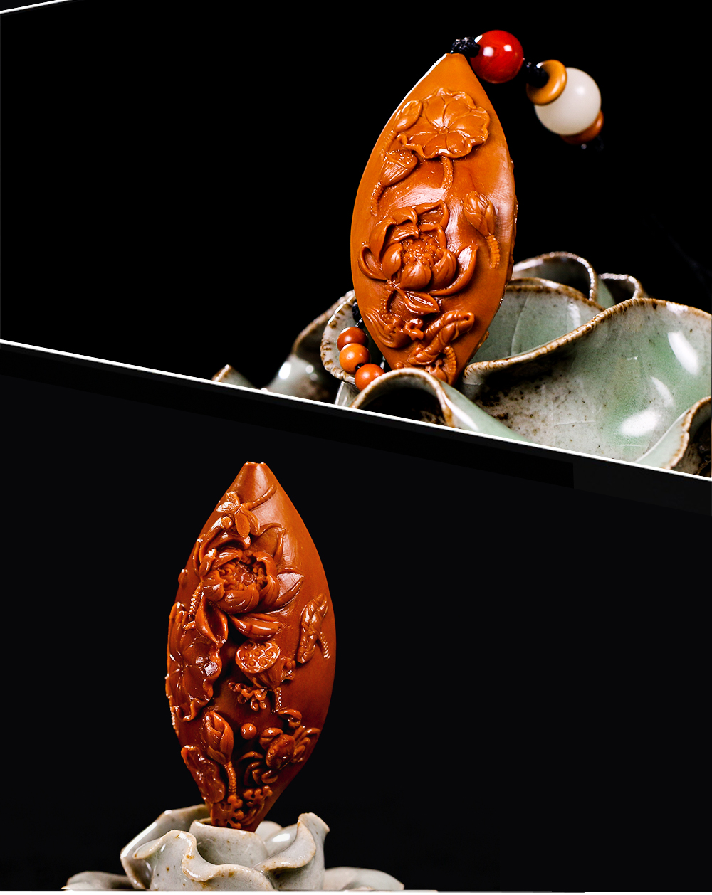 盘道文玩荷塘月色橄榄核雕单子挂件文玩男女款荷花莲花苏工苏工