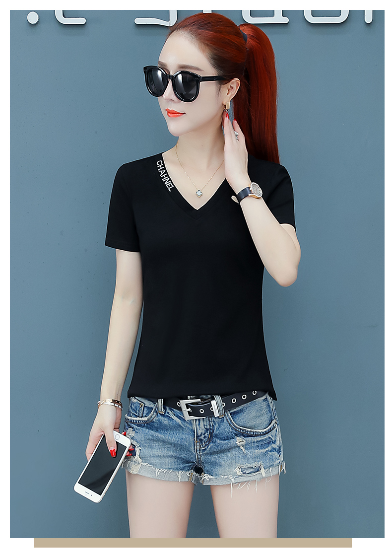 女装 t恤 la maxpa 体裇 配牛仔裤的上衣女时尚装短袖t恤短款半袖v领