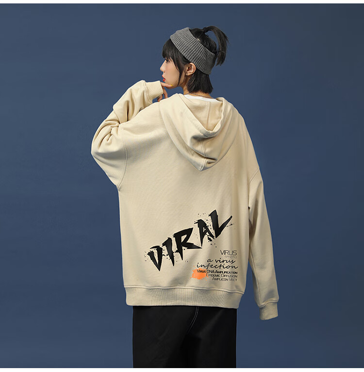 hm 卫衣女官方旗舰中性 秋新款宽松圆领印花连帽情侣卫衣女外套 白色