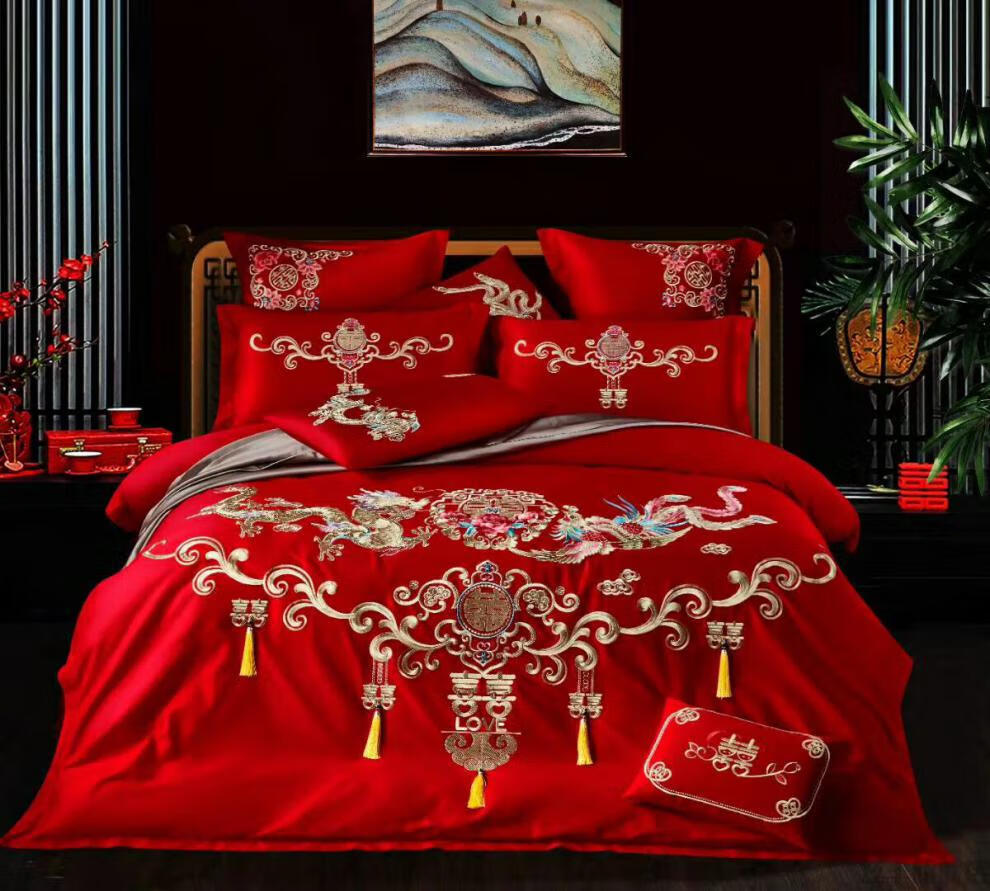 婚礼四件套婚床四件套婚庆四件套刺绣全棉结婚贡缎大红色婚礼嫁婚喜床