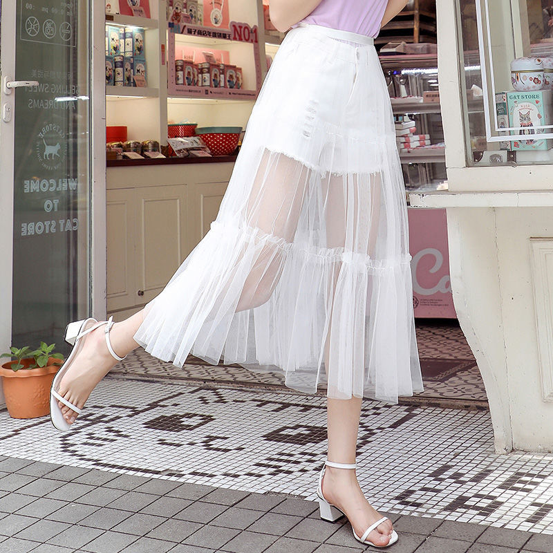 夏季新款超薄蕾丝网纱半身裙女单层黑色打底纱裙高腰外搭透明中长裙