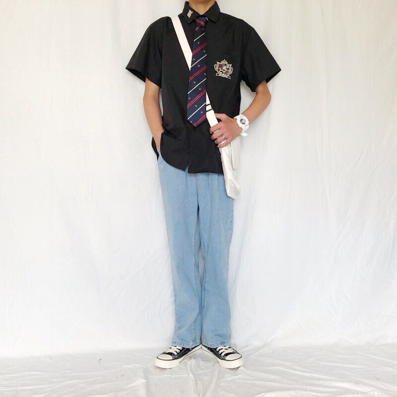 jk衬衫男季dk制服上衣百搭宽松学生学院风衬衣班服蓝色搭配的牛仔裤s