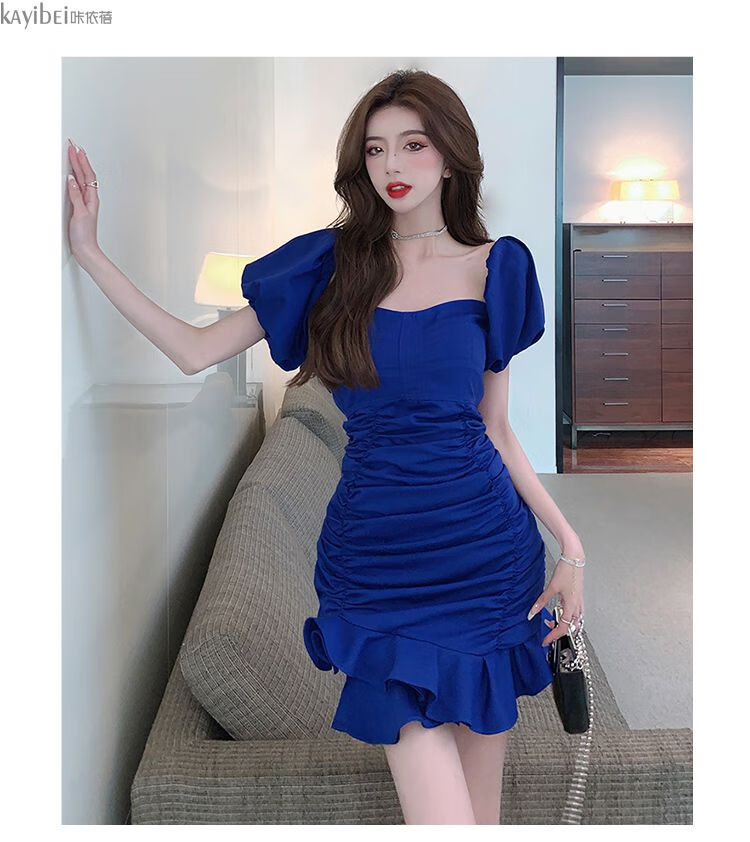 夏天感克莱因蓝2022抹胸连衣裙夏款性感荷叶边泡泡袖收腰鱼尾裙 蓝色