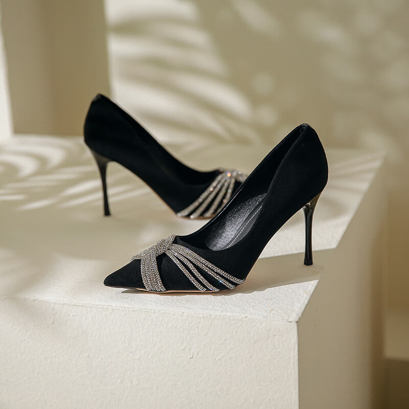 bigtree时尚尖头女高跟鞋2022秋季新款细跟单鞋女 黑色5cm 35【图片