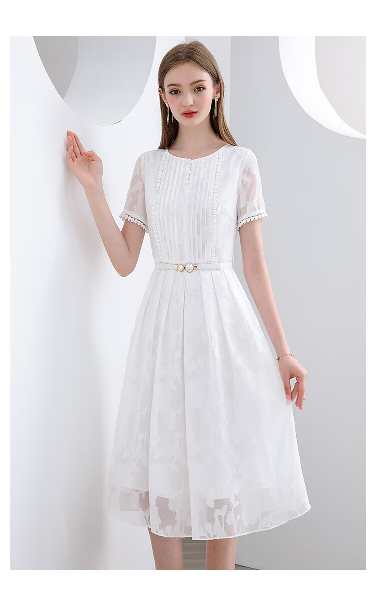 未风白色修身雪纺连衣裙女夏2020年新款夏季百褶提花中长款a字裙 白色