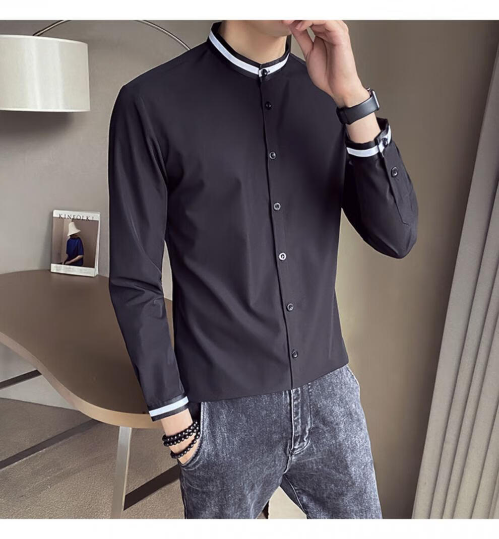 潮牌长袖衬衫男修身2020新款韩版中山领纯色商务休闲帅气圆领白衬衣潮