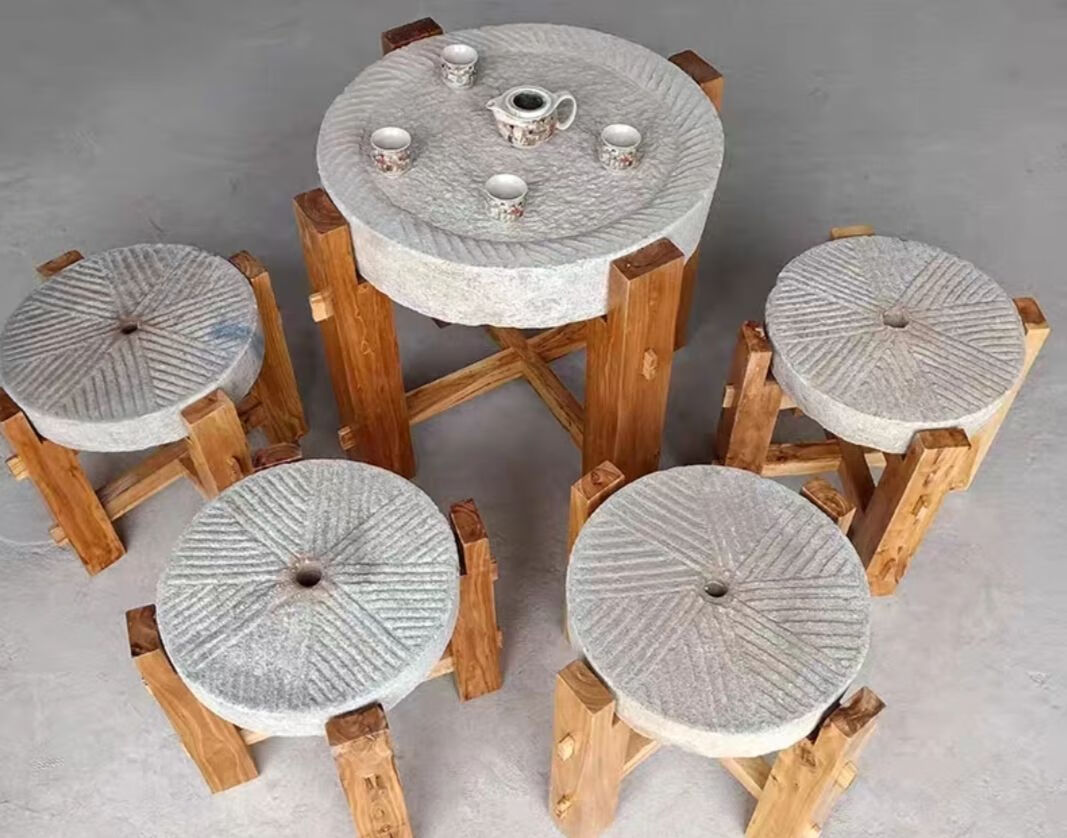 石磨茶盘茶台桌子老磨盘旧石器茶托茶具木架磨片石桌石凳组合摆件成套