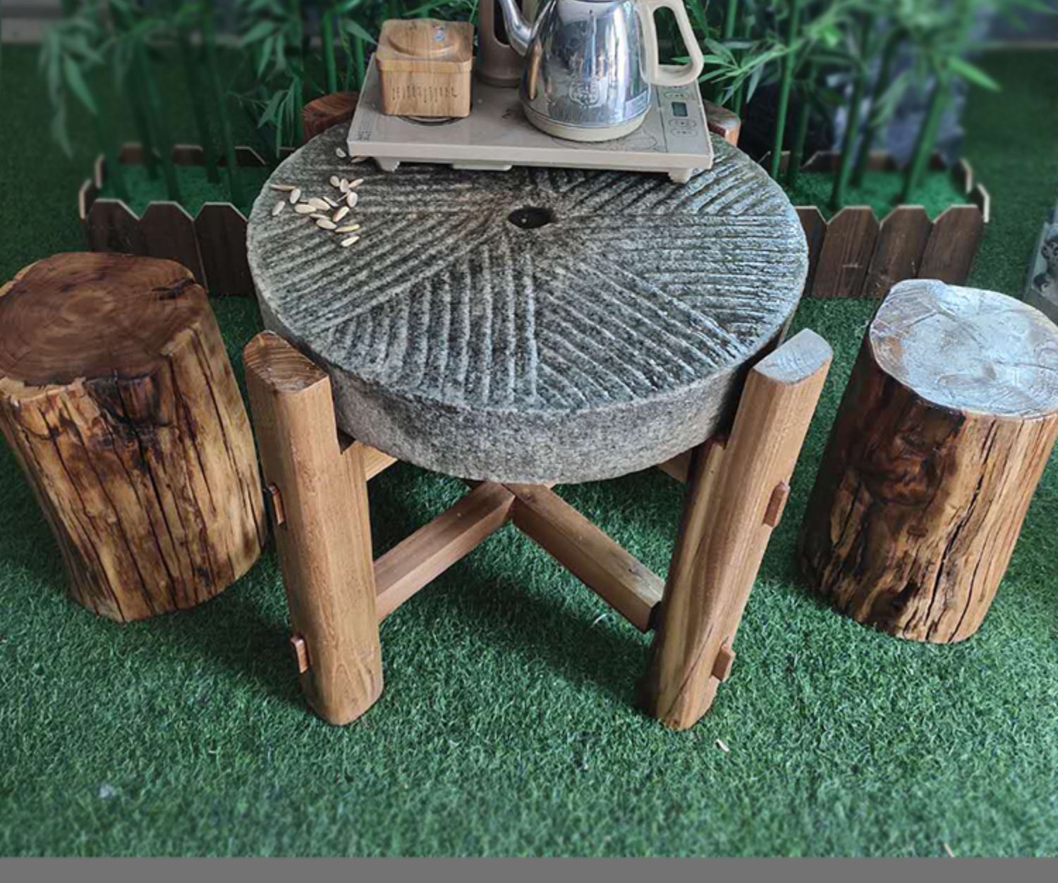 石磨老式茶台家用老石磨盘茶桌流水旧石磨木架复古中式庭院石磨桌