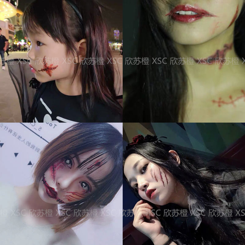 纹身贴草本万圣节纹身贴仿真恐怖流血假伤口咬痕缝线伤疤派对妆容脸贴