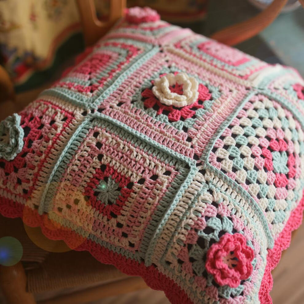 钩花方格古董毯公主风小仙女沙发毯坐垫抱枕套毛线包无工具无芯材料包