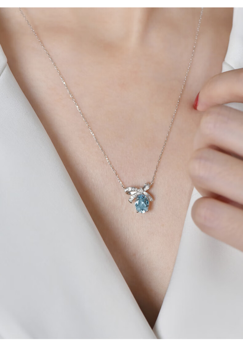 饰淘shitao珠宝海蓝宝项链蝴蝶结18钻石吊坠彩宝锁骨链18海蓝宝项链含