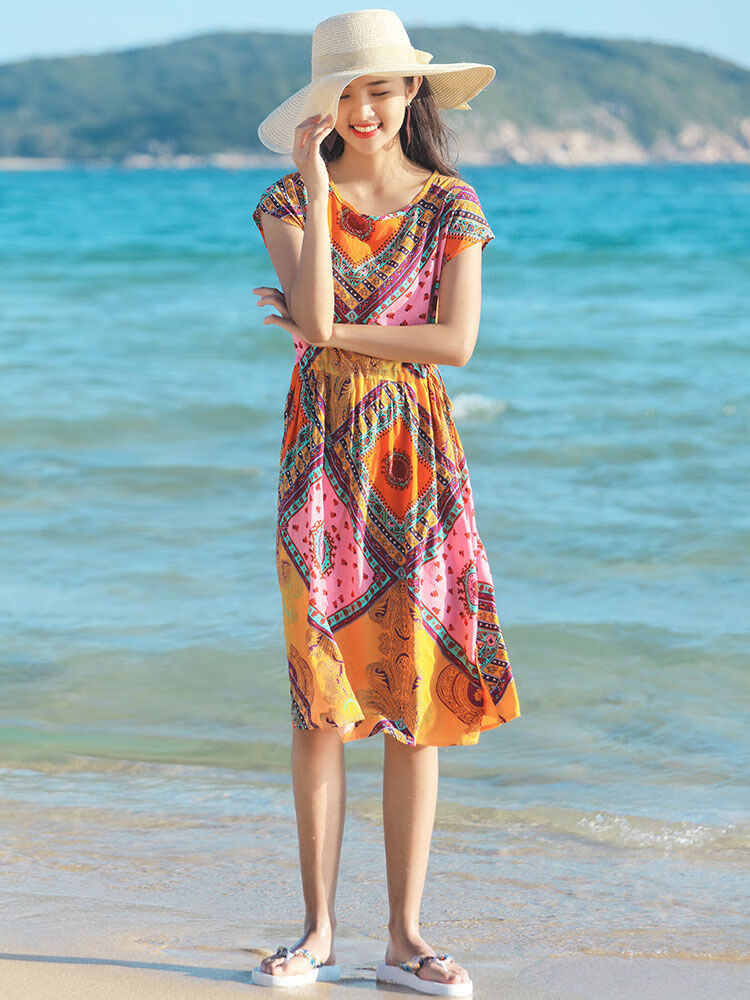 精选沙滩短袖连衣裙女夏季装棉绸碎花海南三亚海边度假旅行女乐迪纯