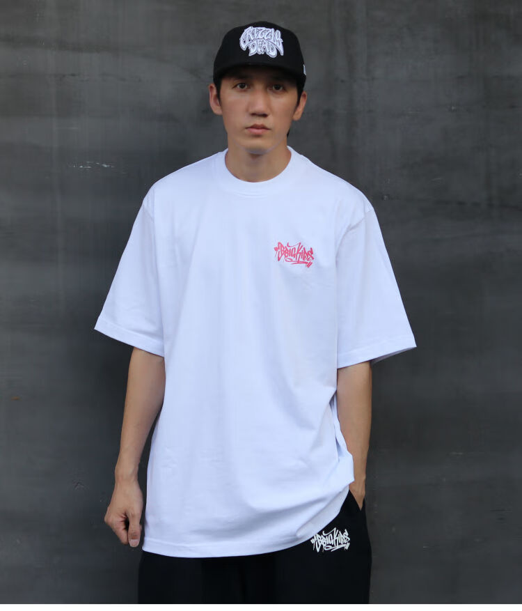 bboy街舞宽松t恤嘻哈滑板重磅短袖hiphoppopping涂鸦潮流滑板白色红标